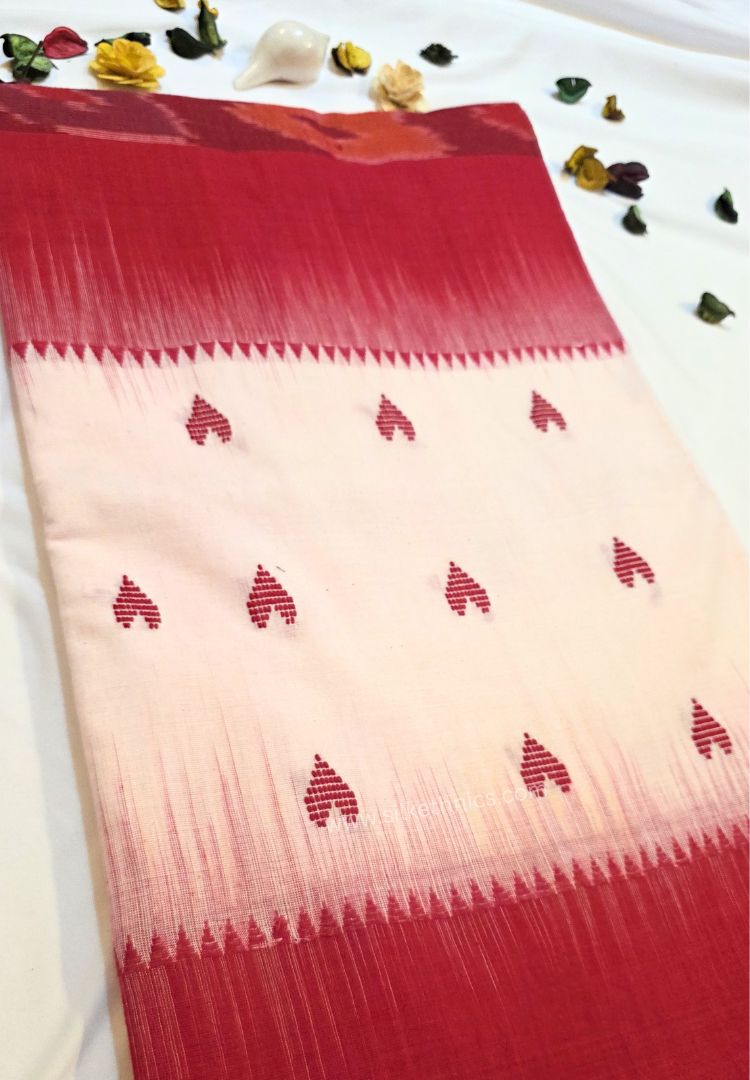 Red and White Dhaniakhali Handloom Ikkat Cotton saree