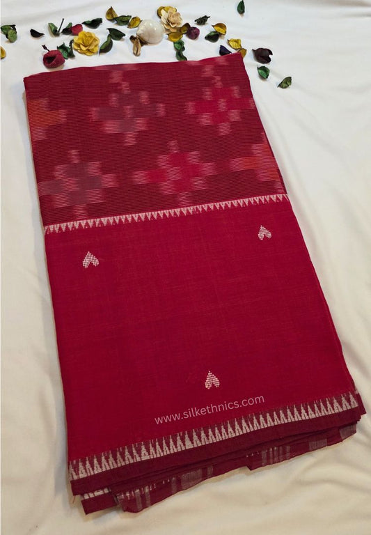 Vibrant Red Ikkat Dhaniakhali Bengal Handloom Cotton saree