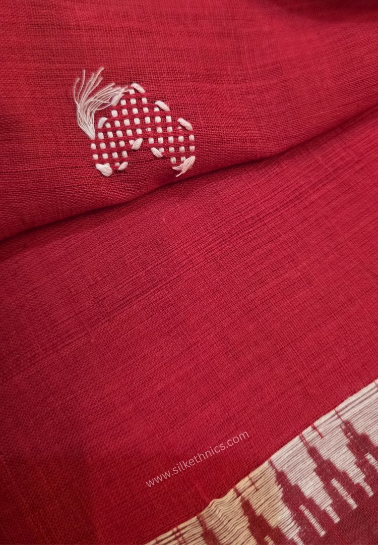 Vibrant Red Ikkat Dhaniakhali Bengal Handloom Cotton saree