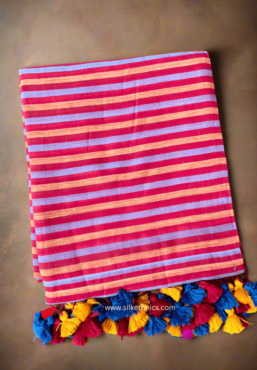 Striped red Rangreet mulcotton saree