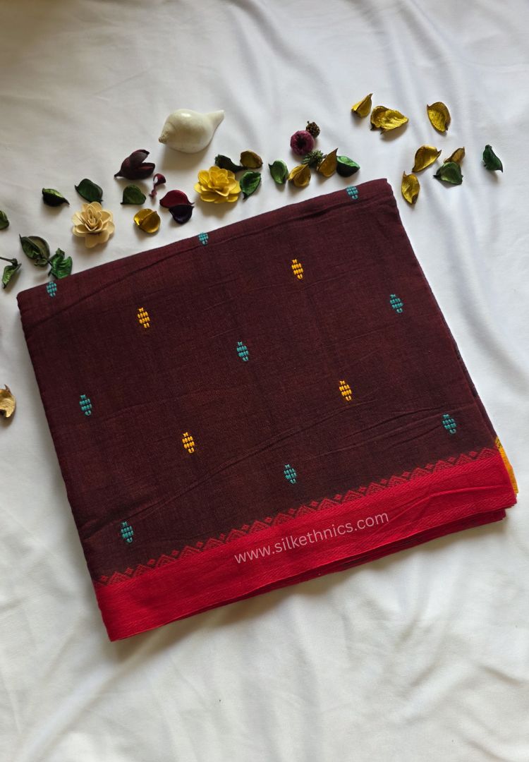 Rust Brown Dhaniakhali Handloom Cotton saree