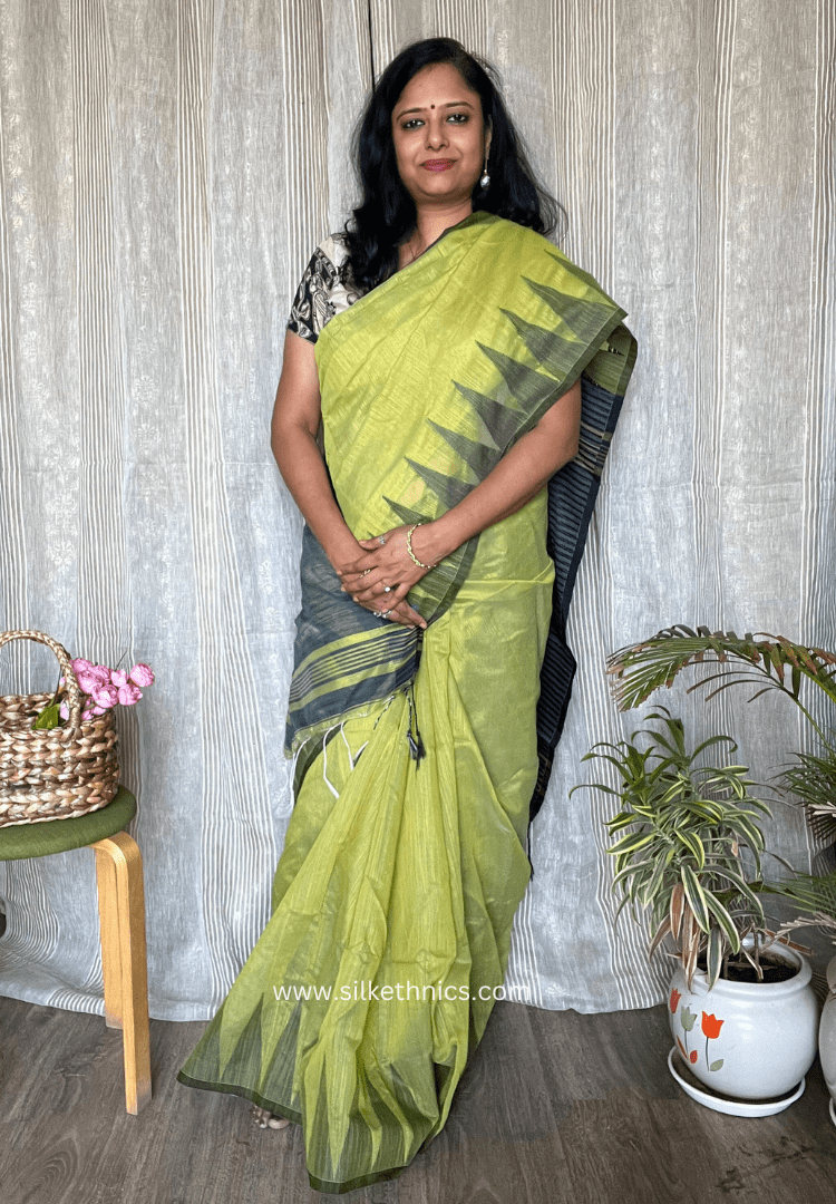Olive green temple border saree