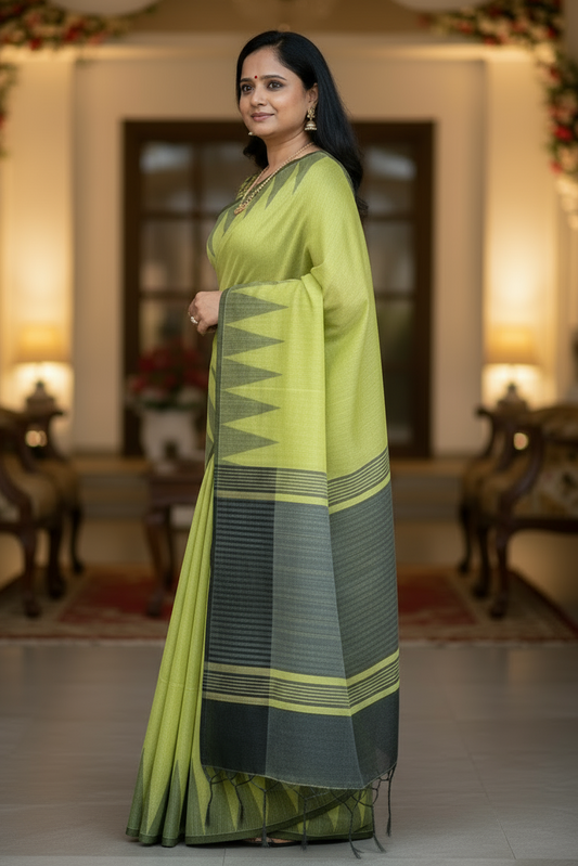 Olive green temple border saree