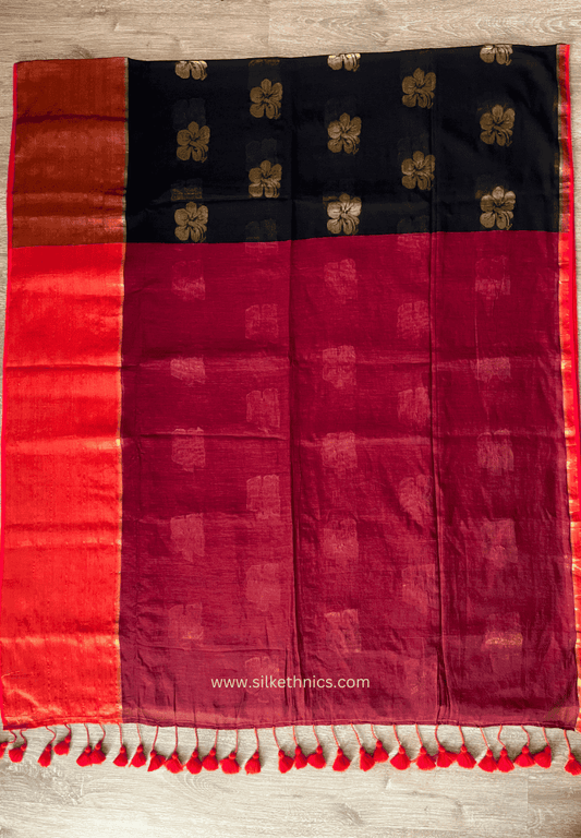 Red and Black Japa mul cotton saree