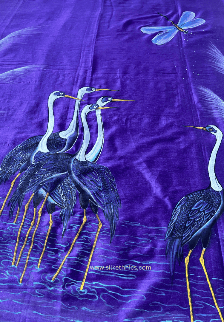 Purple Flamingo handpainted saree