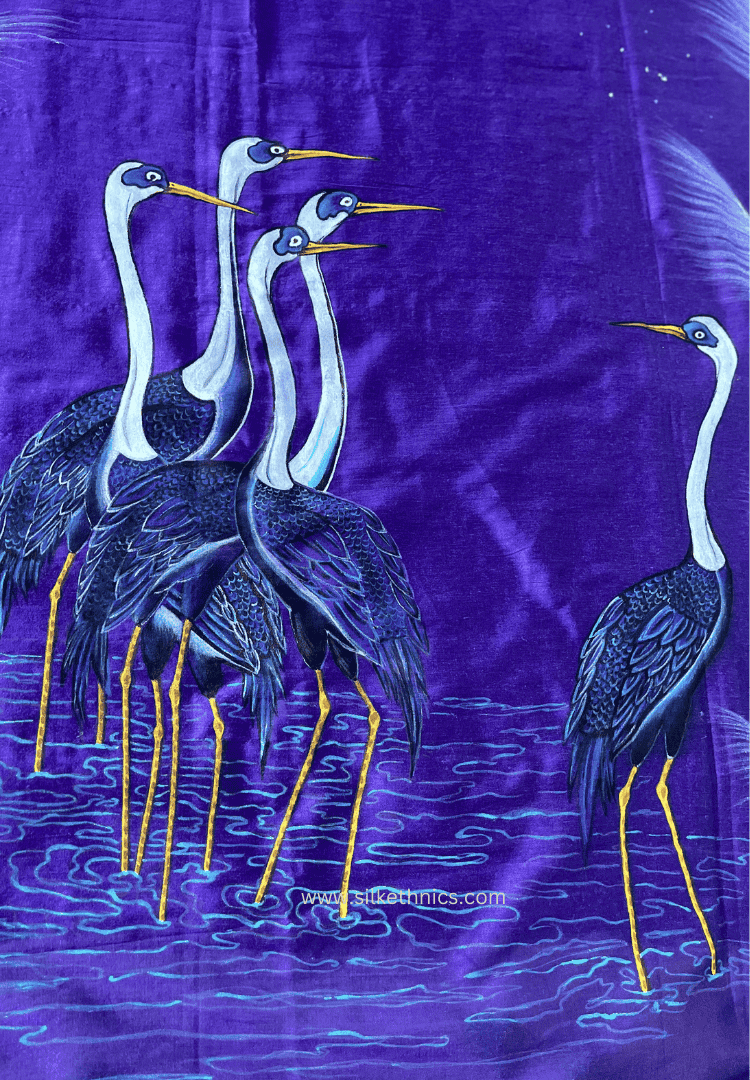 Purple Flamingo handpainted saree