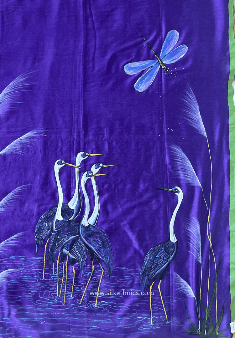 Purple Flamingo handpainted saree