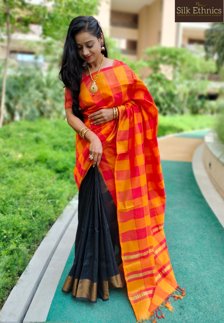 Classic black with orange Tripurasilk saree