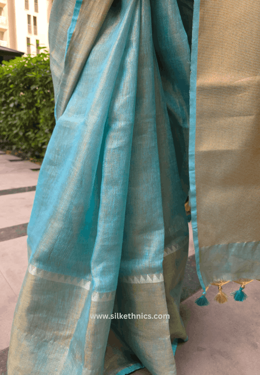 Turquoise Tissue Linen Samaira Handloom Saree