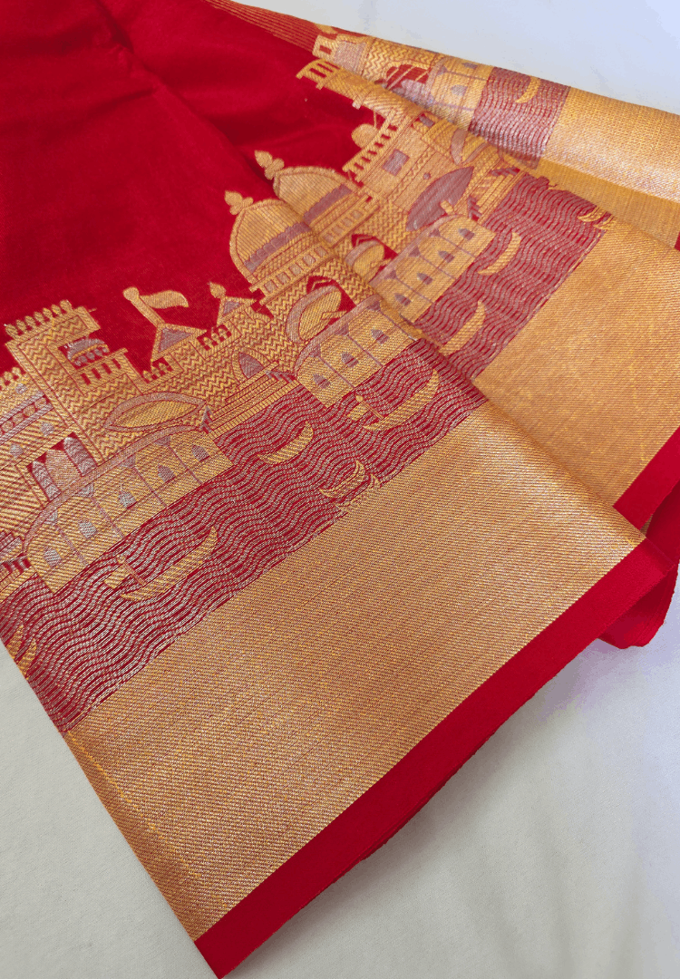 Classic red Ganga Ghat Banarasi silk saree