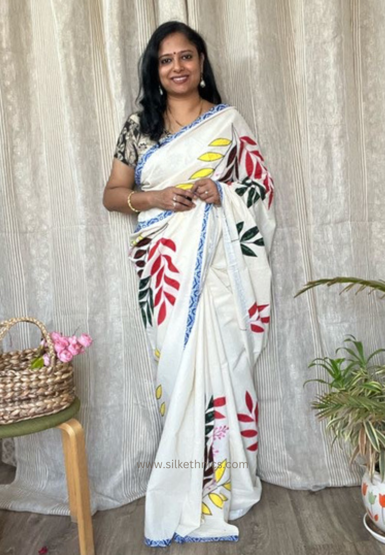 Ivory designer appliqué work cotton saree