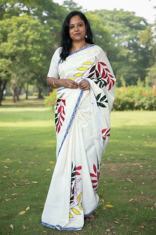 Ivory designer appliqué work cotton saree