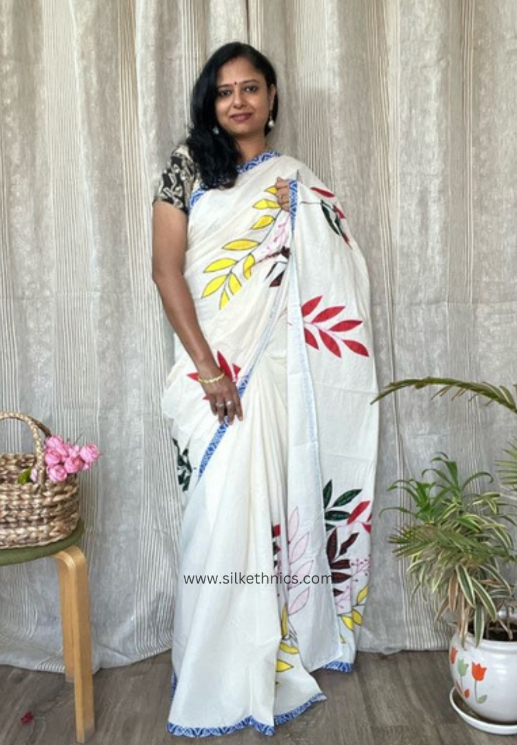 Ivory designer appliqué work cotton saree