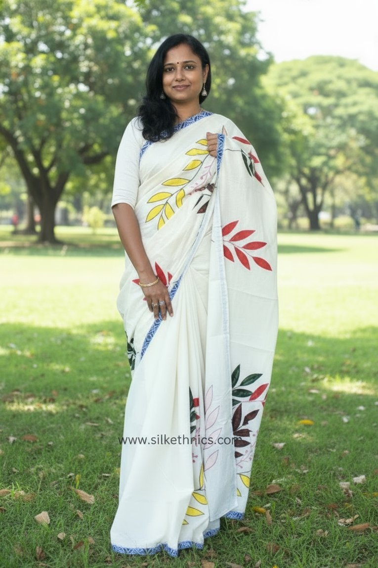 Ivory designer appliqué work cotton saree