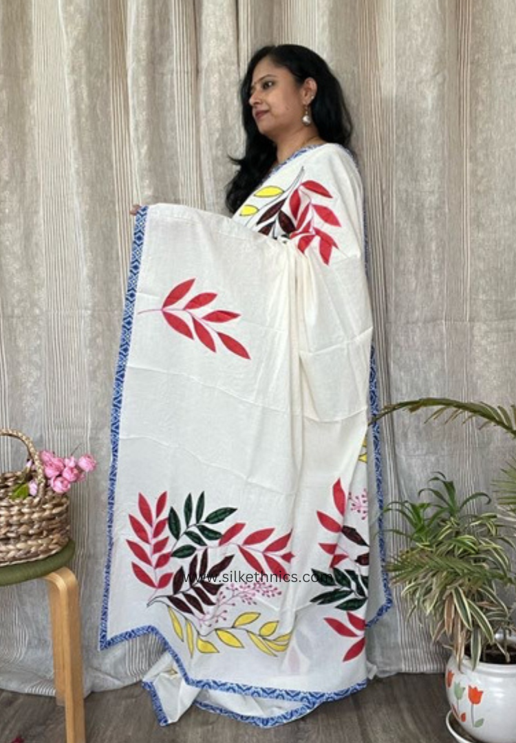 Ivory designer appliqué work cotton saree
