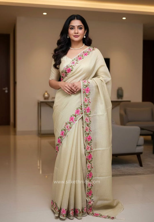 Banarasi Ivory Gold Crushed Tissue embroidered saree