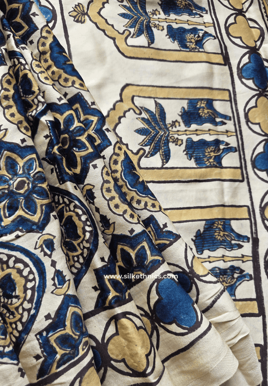 Ivory and Blue Ajrakh handblock printed modal saree