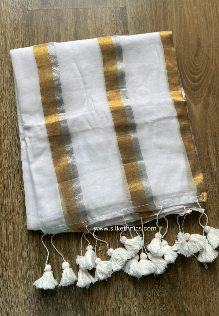 Zari striped White Rangreet mulcotton saree
