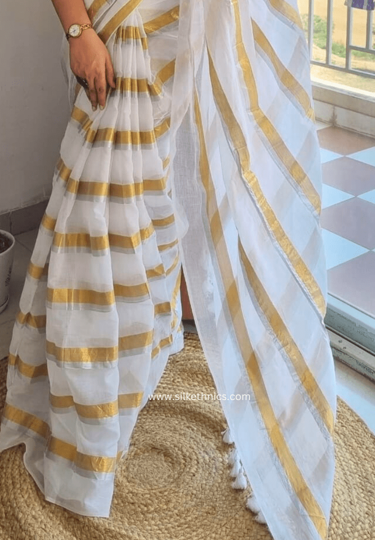 Zari striped White Rangreet mulcotton saree