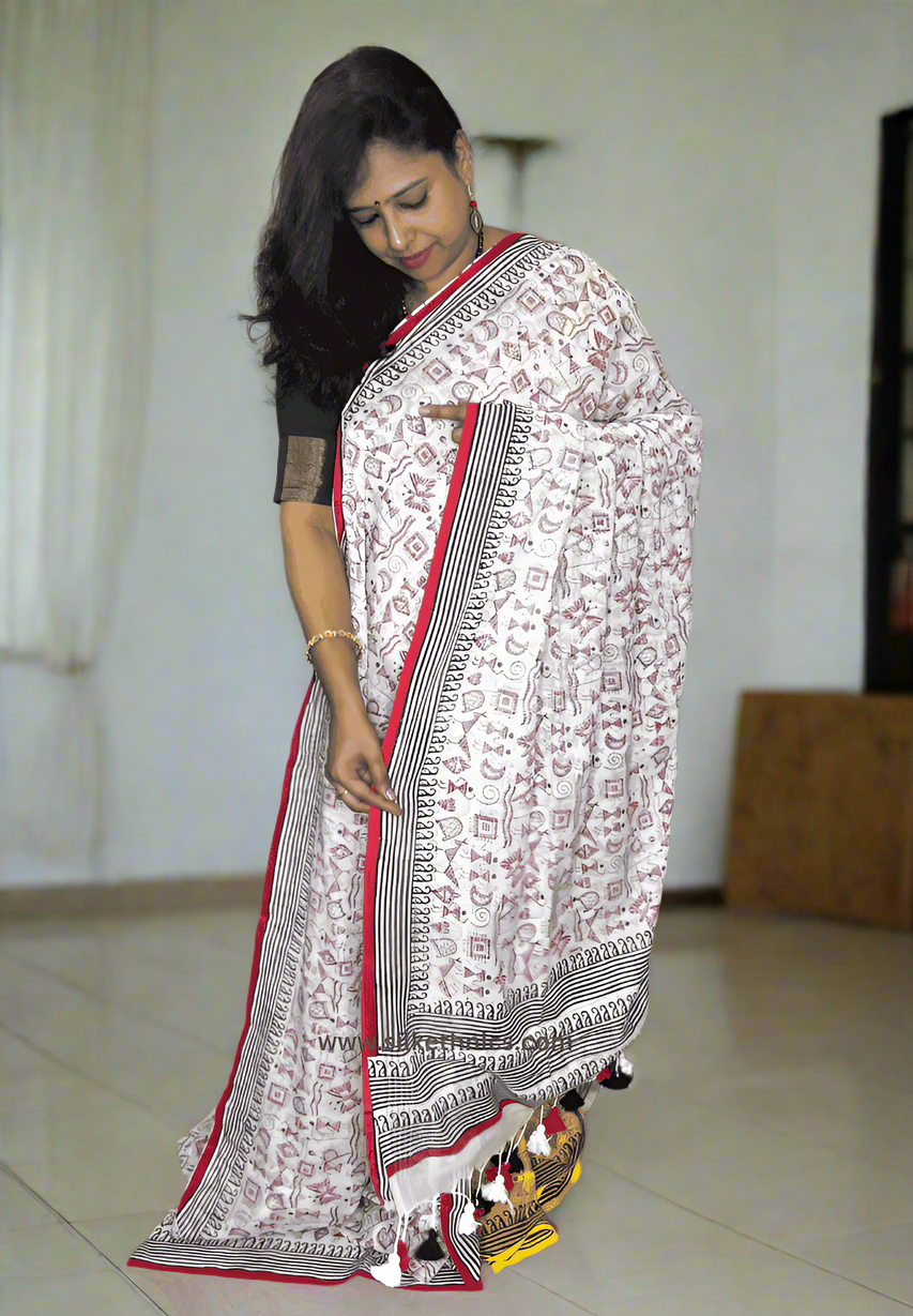 Cotton white Rangreet saree