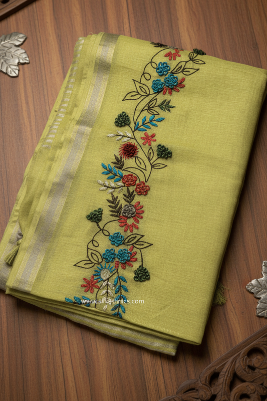 Pastel yellow Sitara embroidered pure linen saree