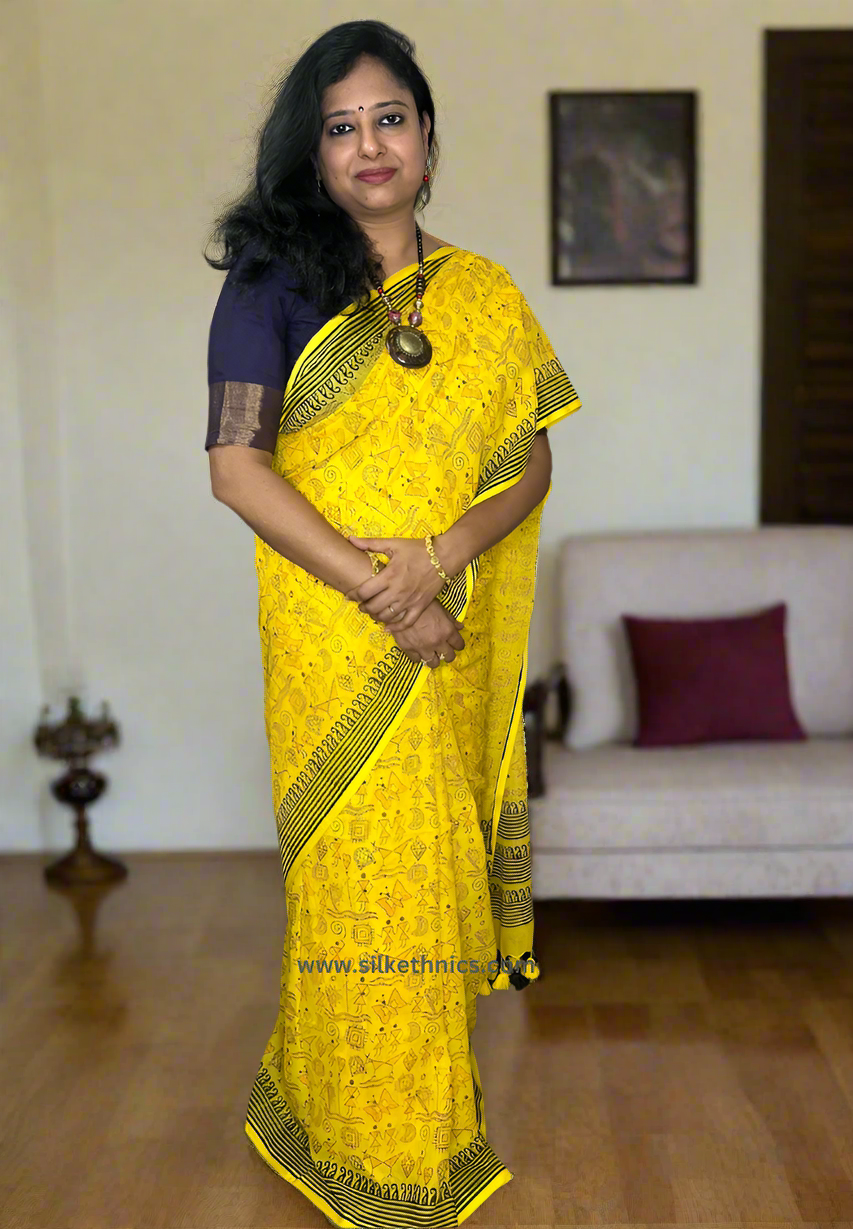 Sunshine yellow Rangreet Mul cotton saree
