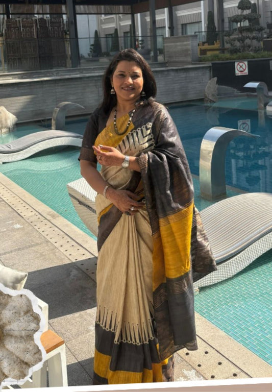 Yellow Gold and Black handloom Gicha Tussar silk saree