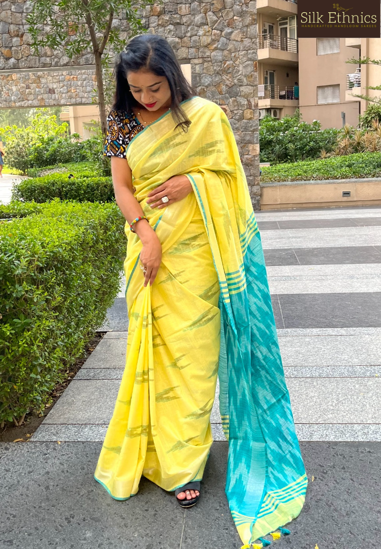 Lemon yellow and green linen ikkat weaving saree