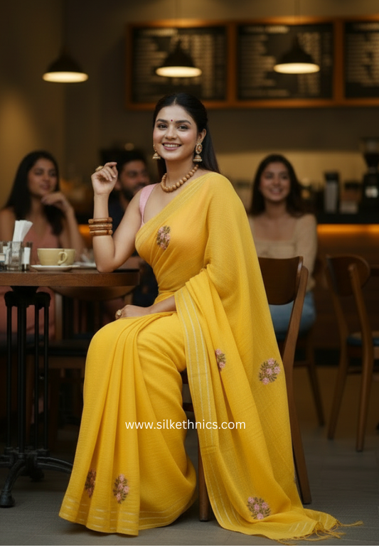 Yellow gold Rangreet mulcotton saree