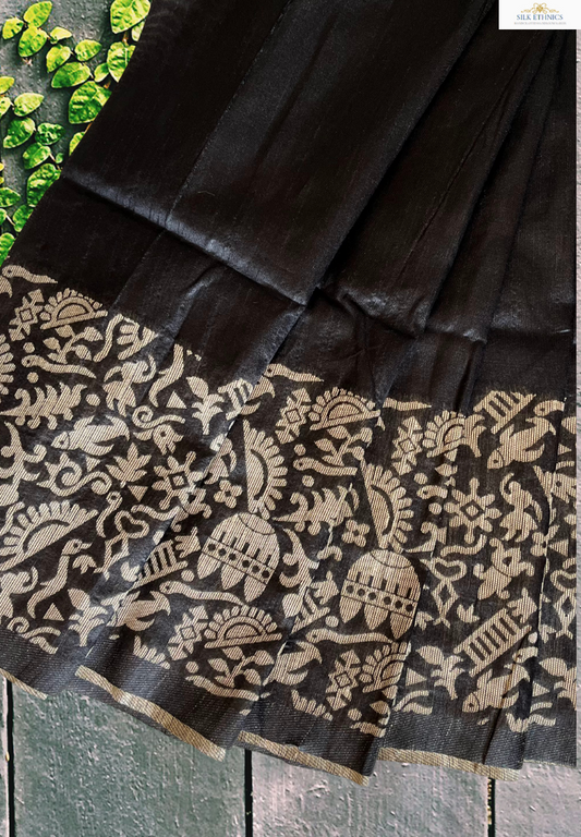 Black handloom tussar silk saree