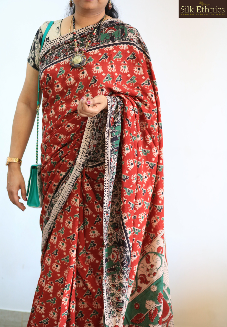 Rich red Kalamkari Mahati mulcotton saree