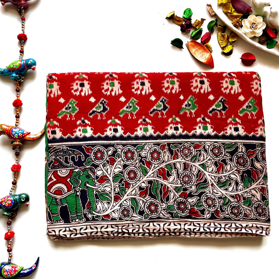 Rich red Kalamkari Mahati mulcotton saree