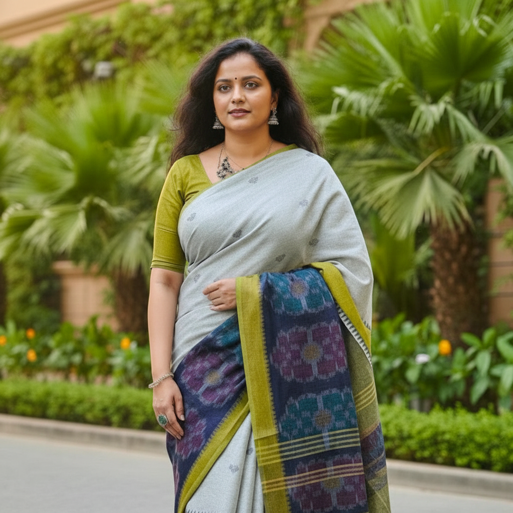 Dhaniakhali collection image cropped from the bottom, ending just above the knee, face fully visible