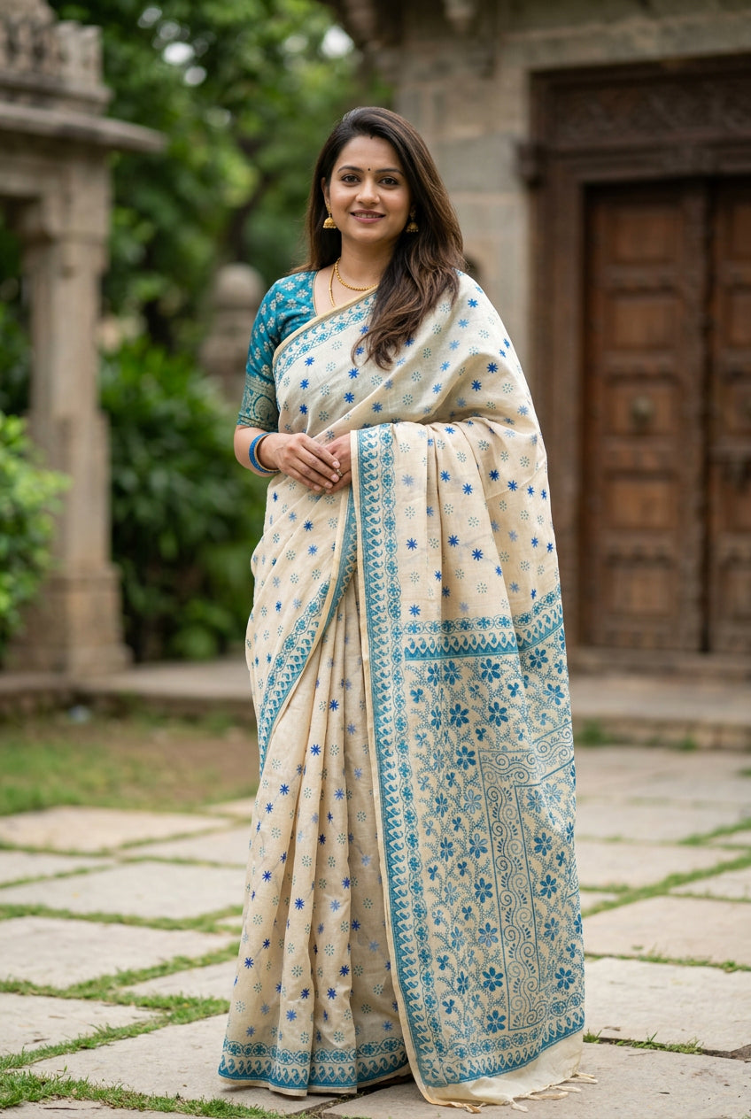 Woman wearing the Ivory and Teal Blue Gulbahar hand embroidered Chanderi saree - Silk Ethnics