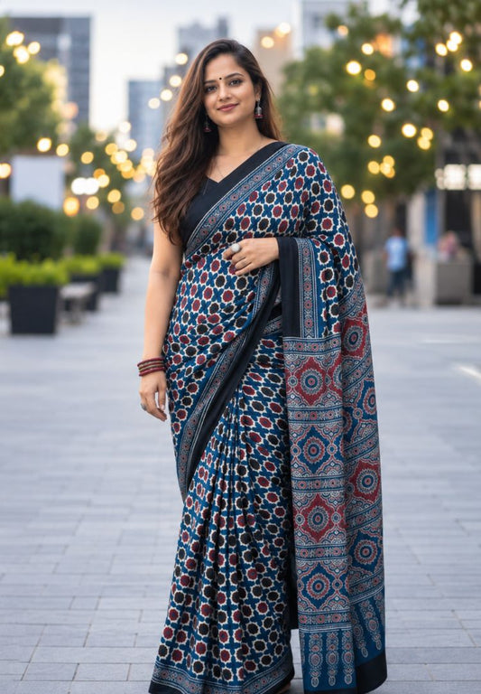 Blue mosaic Ajrakh hand blockprinted modal saree