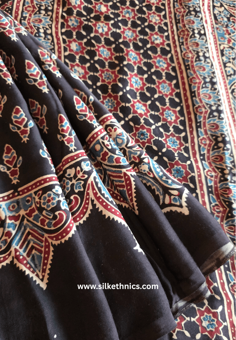 Dark brown Ajrakh hand blockprinted modal saree