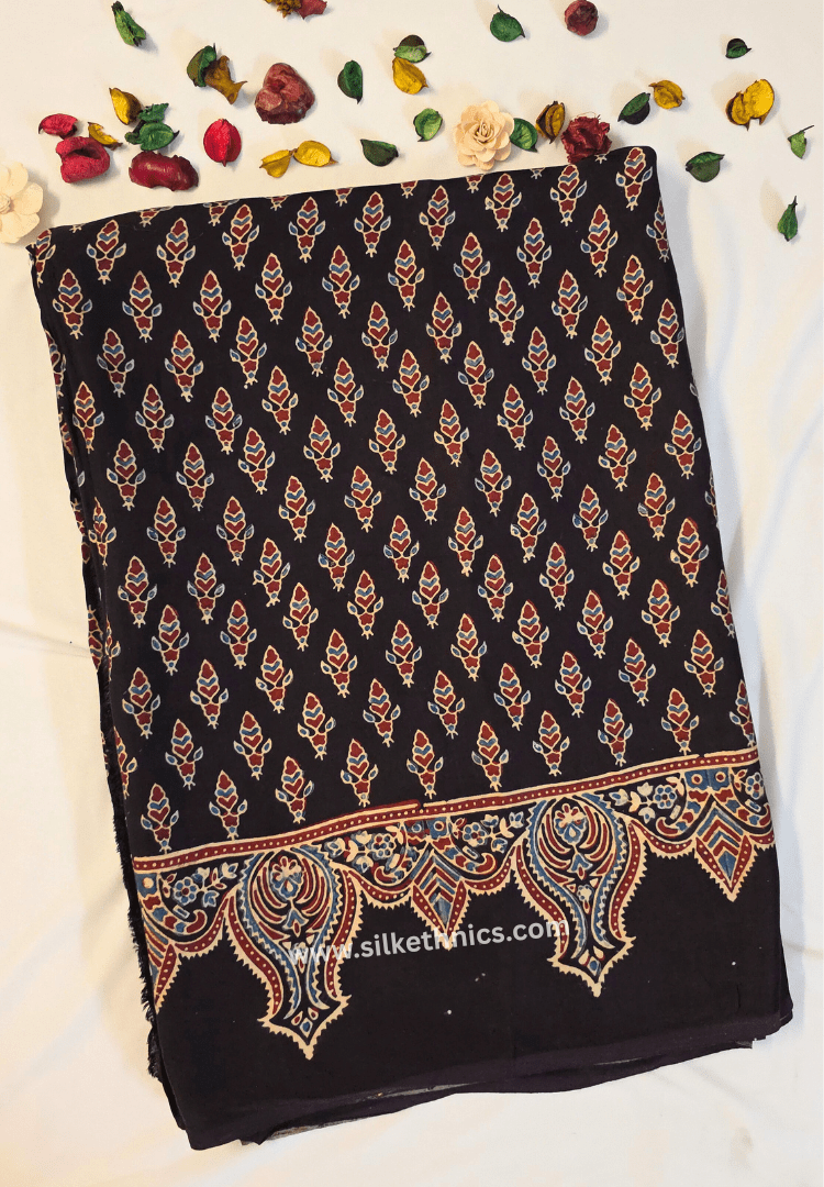 Dark brown Ajrakh hand blockprinted modal saree