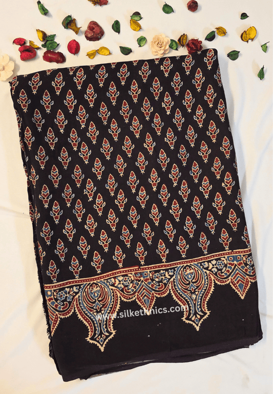 Dark brown Ajrakh hand blockprinted modal saree