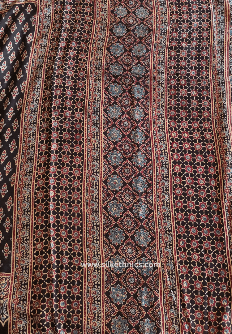 Dark brown Ajrakh hand blockprinted modal saree