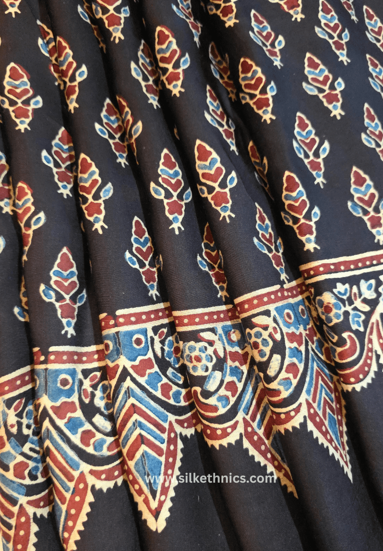 Dark brown Ajrakh hand blockprinted modal saree