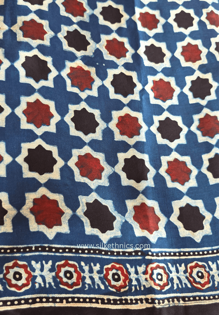 Blue mosaic Ajrakh hand blockprinted modal saree