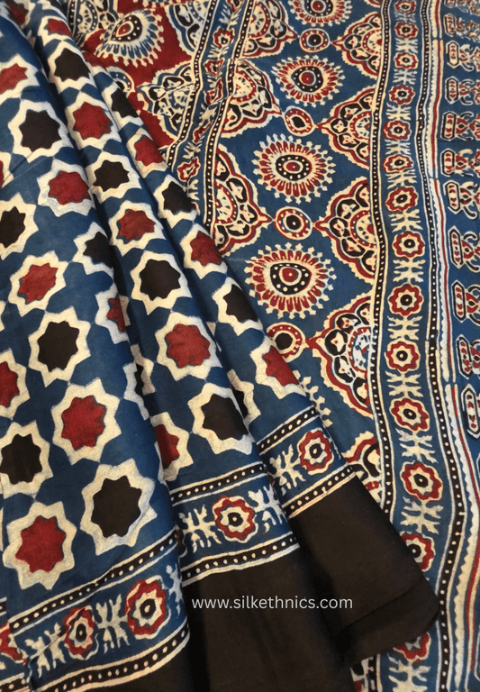 Blue mosaic Ajrakh hand blockprinted modal saree