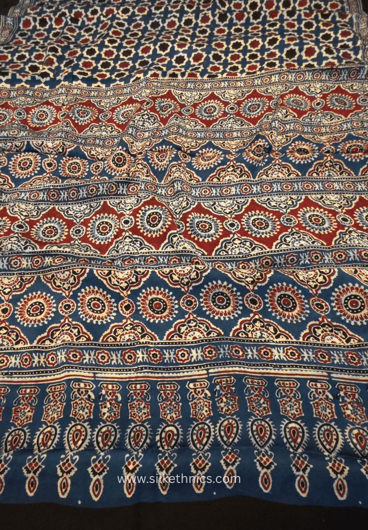 Blue mosaic Ajrakh hand blockprinted modal saree