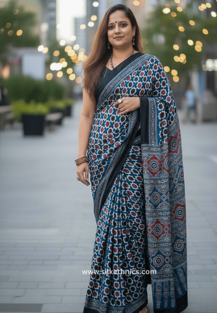 Blue mosaic Ajrakh hand blockprinted modal saree