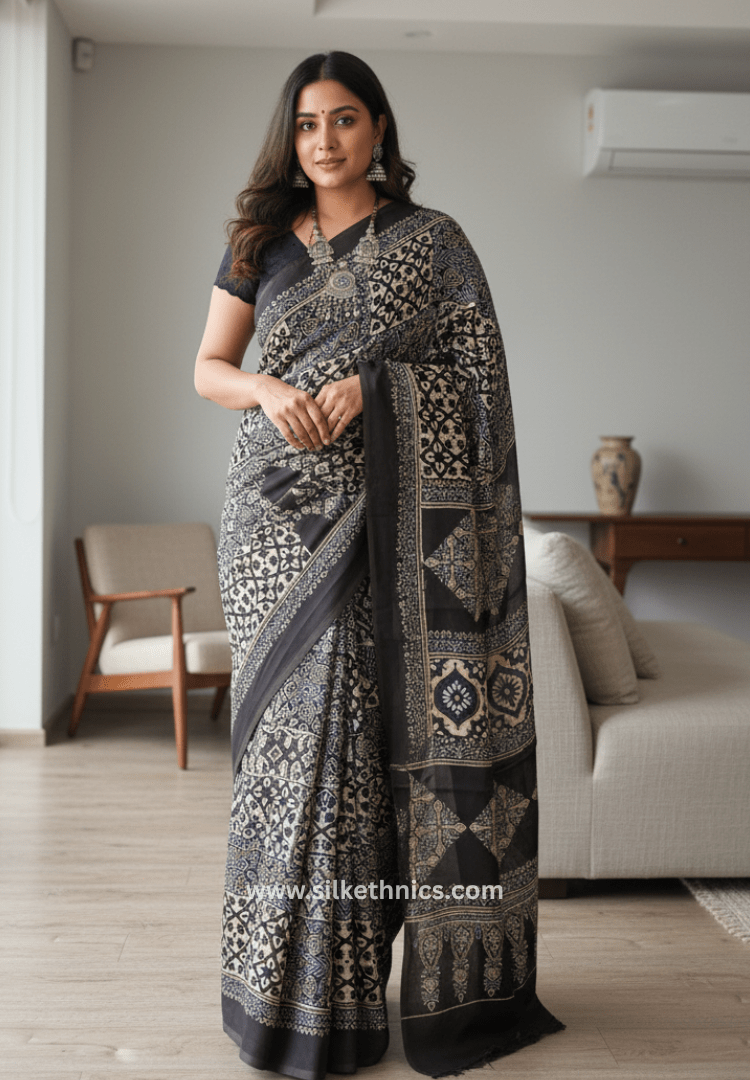 Coffee Brown Ajrakh hand blockprinted modal saree