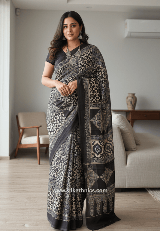 Coffee Brown Ajrakh hand blockprinted modal saree