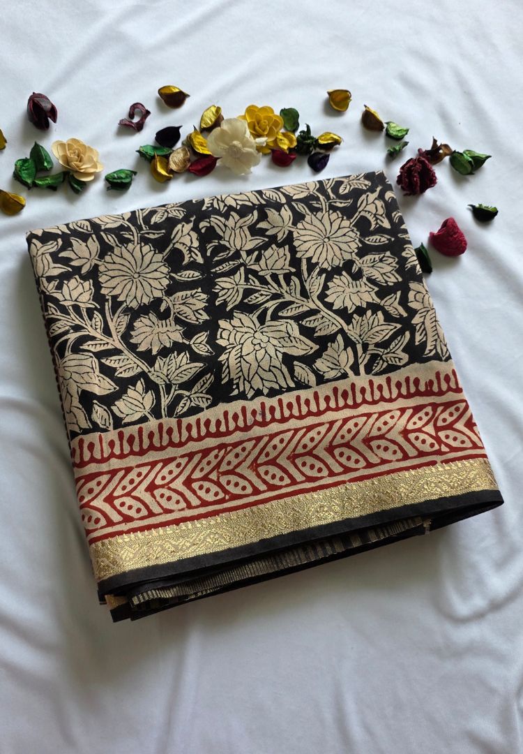 Black and Red Ajrakh hand blockprinted Maheswari silk saree