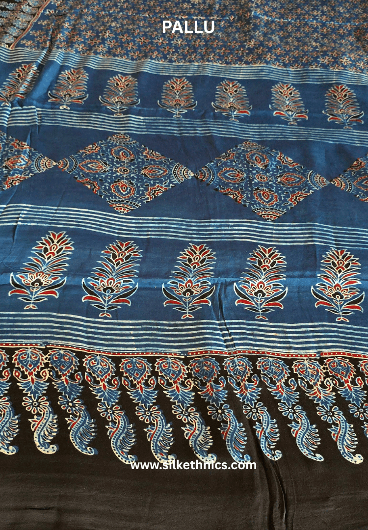Royal Blue Ajrakh hand blockprinted modal saree