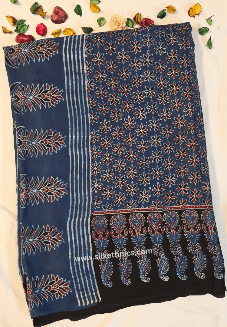 Royal Blue Ajrakh hand blockprinted modal saree