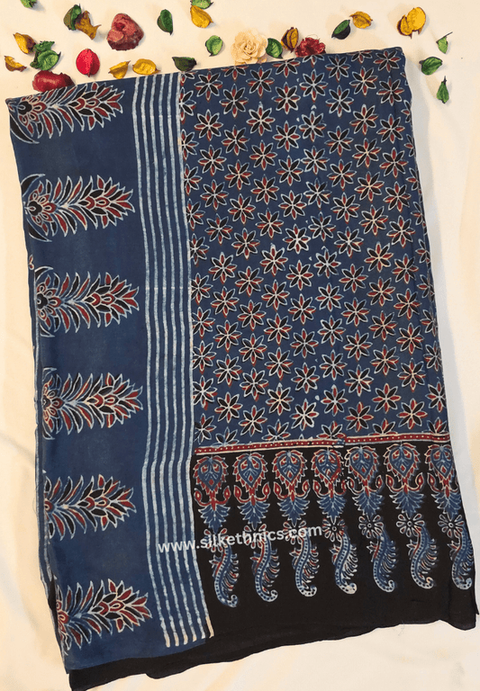 Royal Blue Ajrakh hand blockprinted modal saree